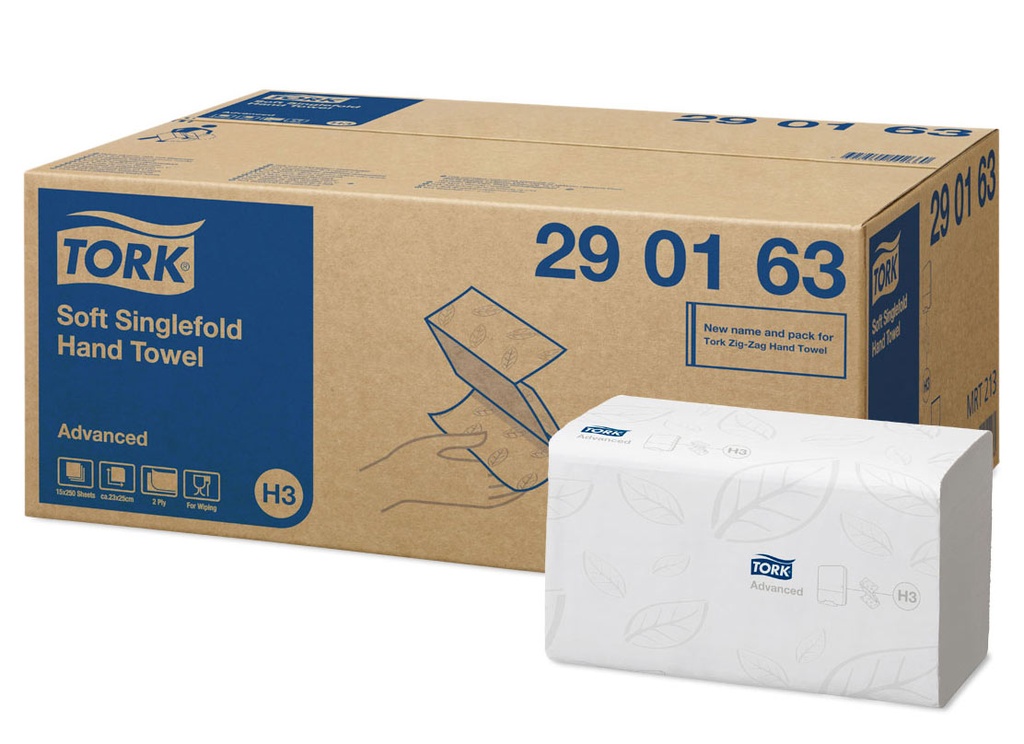 [phz2ces] Tork Hand Towel Singlefold Advanced Soft 23X22.6Cm 2Lg H3 15X250St 290163